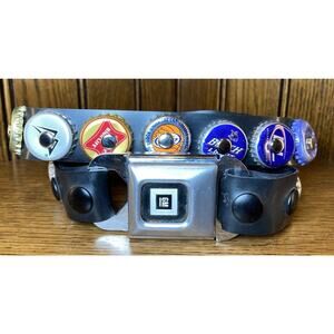 Vintage GM CAR SEATBELT BUCKLE Punk Rock Beer Bottle Cap Rubber Belt (XL) 42"